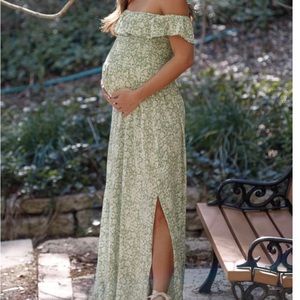 PinkBlush Green Floral Ruffle Off Shoulder Maternity Maxi Dress